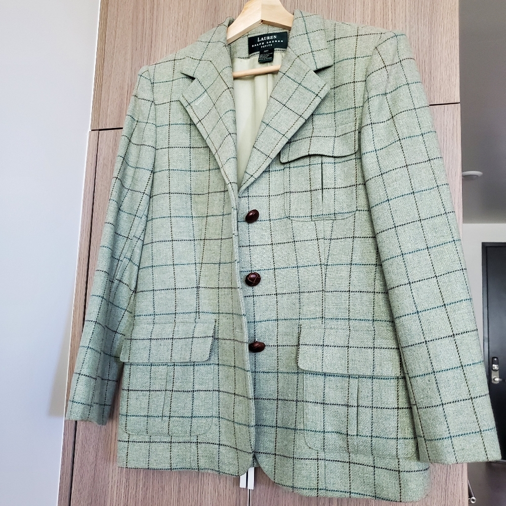 Ralph Lauren Green Plaid Wool Blazer Size 10P